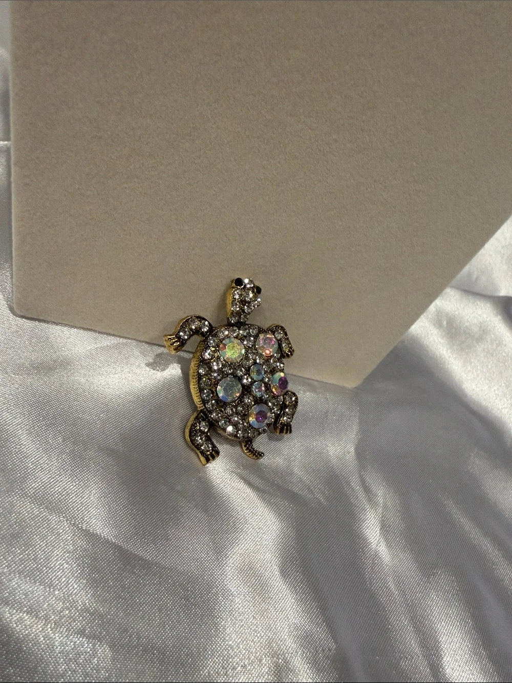 Crystal Turtle Brooch Pin - Gold Tone with Iridescent Stones
